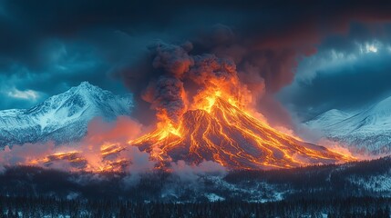At night, glowing orange lava flows down a volcano erupting smoke and ash into the dark, cloudy sky, surrounded by snow capped mountains and forests.