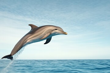 Dolphin leaps gracefully above shimmering ocean surface under br
