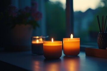 Set of three tea lights with a warm yellow-orange hue inside, arranged on windowsill in dimly lit room. Candles are not centered.