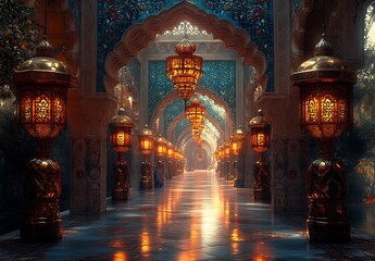 Fototapeta premium Grand Corridor with Intricate Blue Designs and Glowing Lanterns