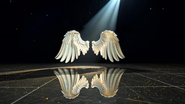 Solitude hovering bright angel wings in the center of a large dark room, bathed in god rays