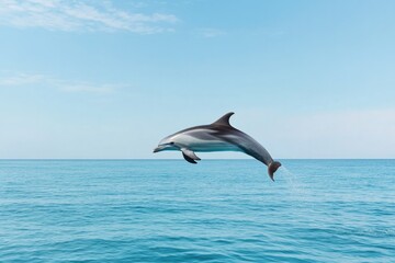 Dolphin leaps gracefully above tranquil blue waters, showcasing