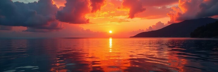 Obraz premium Vibrant orange sunset reflecting on calm ocean waters in El Nido, Palawan, Palawan, vibrant