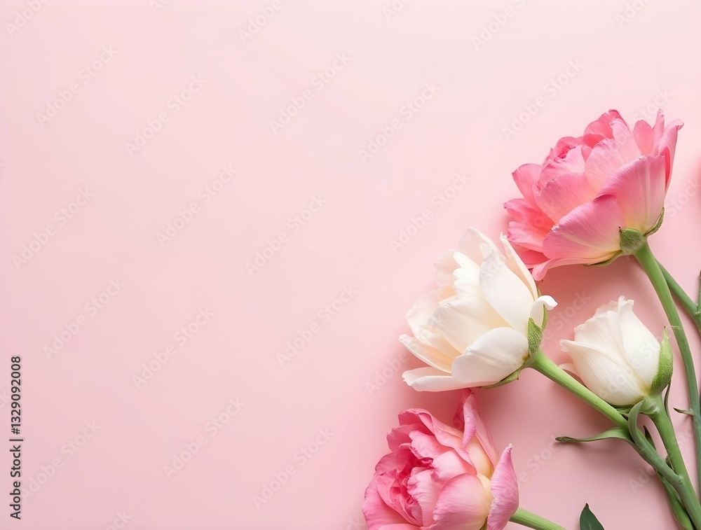 Poster pink and white tulips are arranged on a soft pink background, creating a minimalist