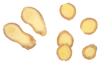 Ginger slices isolated on white background, top view