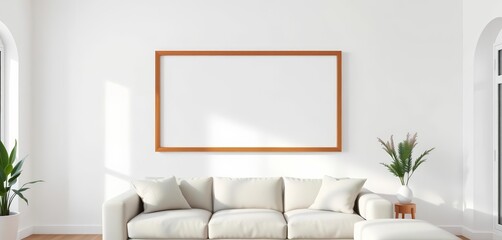 Empty picture frame mockup on white wall, minimalist Scandinavian living room with sofa , apartment, home decor