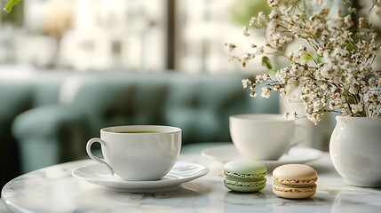 Cup of coffee and plate of macarons on a stylish cafe table with matcha tea setup