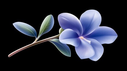 Fototapeta premium Closeup of vibrant blue flower with lush green leaves on dark background vivid