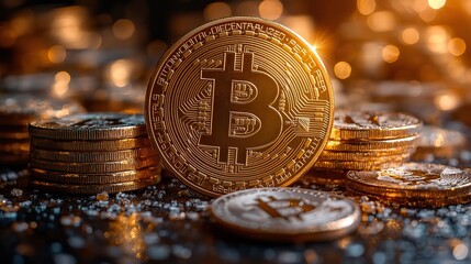 At sunset, a golden bitcoin dramatically symbolizes the future of finance, standing out among other cryptocurrencies on a wooden table.