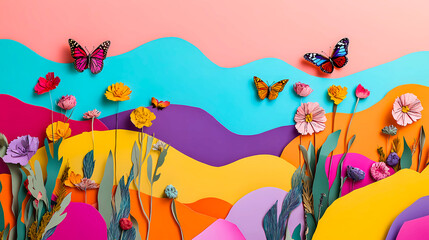 Art collage with colorful mountains and mountain peaks made of paper and butterflies flying in the air. Nature is reborn in spring Pink sky background