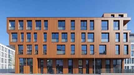 Obraz premium A modern wooden building with a unique facade featuring large windows and a minimalist design against a clear blue sky.