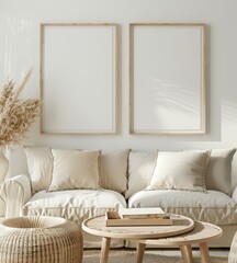 Two empty picture frames with a wooden frame hanging on a white wall above a white couch with beige pillows and a round coffee table