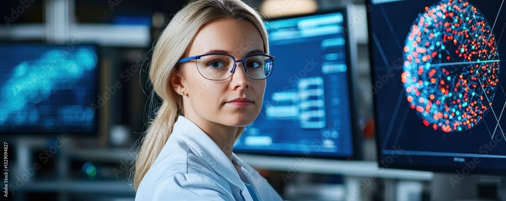 Poster science performance analysis assessment concept. professional woman analyzing data on multiple scree