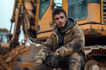 Fototapeta premium A young Caucasian male construction worker sits confidently on a heavy machinery, showcasing a rugged, determined expression.