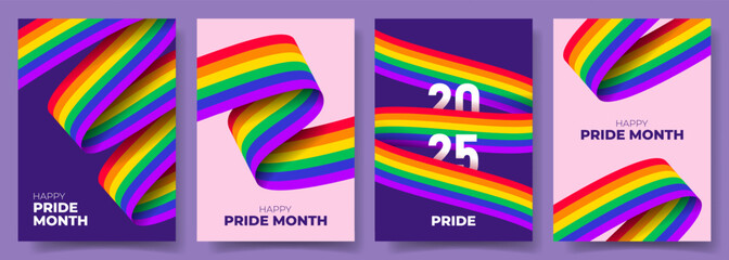 Set of Pride Month flyers concept. Vector illustrations with wavy rainbow ribbons and typography design. Set of Pride Month backgrounds for decoration of LGBT events, social media, cover, branding.