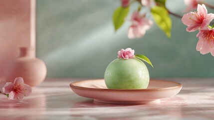 Matcha mochi in a luxurious arrangement on a plate with flowers
