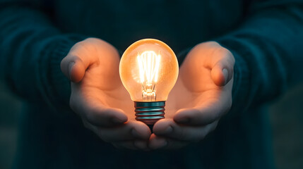 Illuminating ideas holding a light bulb in hands indoor inspirational moment close-up