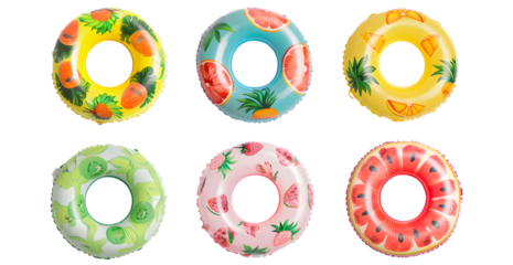 inflatable pool rings with fruit designs on a white background