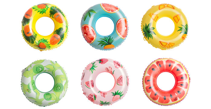 inflatable pool rings with fruit designs on a white background