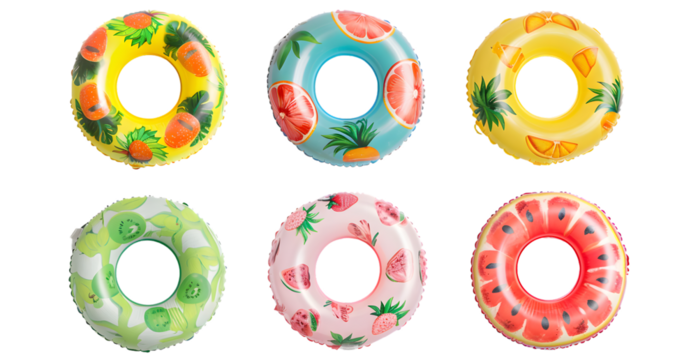 inflatable pool rings with fruit designs on a white background