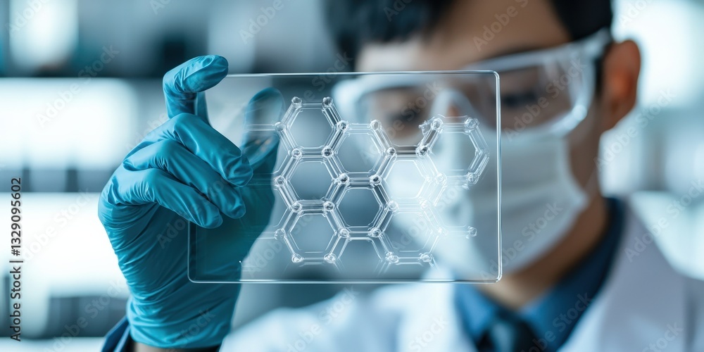 Poster science performance analysis assessment concept. scientist examining molecular structures on a trans