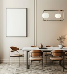 Modern dining room interior with a white table. brown chairs. and a black frame on the wall