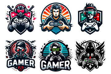 Naklejka premium 게이머와 게임 클럽을 위한 벡터 마스코트 스타일 로고, 생생하고 세련된 엠블럼 디자인, 브랜딩, 게임 및 커뮤니티에 완벽함