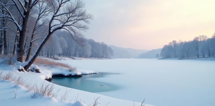 Frozen lake with barren trees in snow-covered fields, landscape, winter