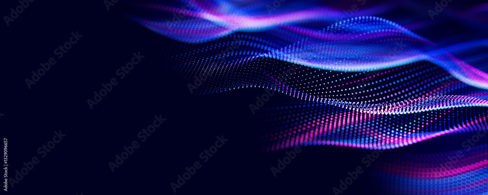 Poster Abstract wave of particles. Big data digital flow concept. LLM learning process, AI technology. Quantum computing. 3d render illustration with place for text