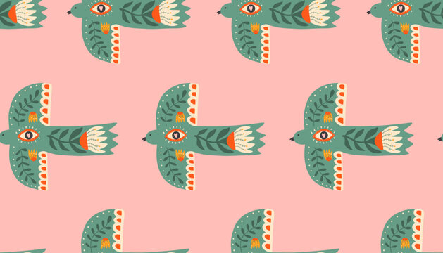 Fototapeta Abstract seamless pattern with bird and flowers. Hand drawn print in scandinavian stile. Print for cover, textiles, fabric.