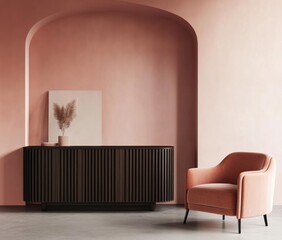 Modern dark wood cabinet and peach armchair in arched room.