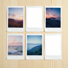 Blank white polaroid frames arranged in a line on a light wood surface , simple, border, rustic
