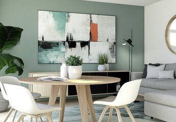 Modern dining area with abstract art, round table, and gray sofa.