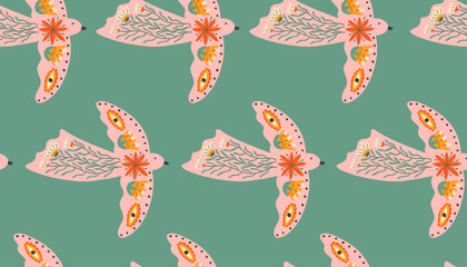 Seamless pattern with dove and flowers. Abstract vector print for fabric, cover, paper
