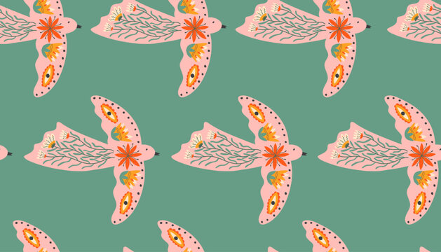 Fototapeta Seamless pattern with dove and flowers. Abstract vector print for fabric, cover, paper