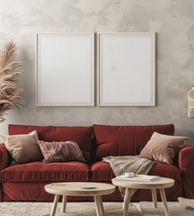 Two blank square frames hanging above a red sofa with throw pillows. blankets. and wooden coffee tables in a living room with a concrete wall