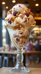 Elegant ice cream dessert in a glass bowl, featuring creamy scoops and gourmet presentation. A refined summer treat, perfect for food photography, restaurant menus, and luxury dessert branding.