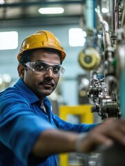 Male worker in industrial setting with machinery, helmet, and goggles.