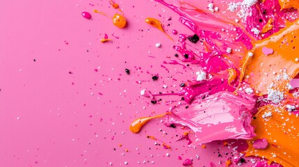 Paint Splatter with Vibrant Pink and Orange on a Pink Surface