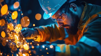 Focused male industrial worker using grinder, sparks flying.