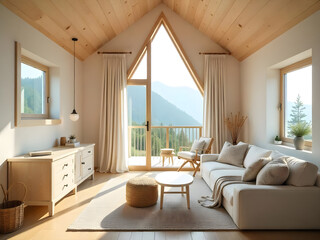 Fototapeta premium A living room in a frame cabin with cozy white and wood interior, big window with view of the mountains.