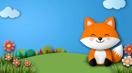 Adorable Cartoon Fox in Spring Meadow Paper Cut Illustration