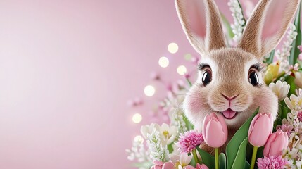 Fototapeta premium Adorable Brown Bunny in Pink Spring Flowers Bouquet