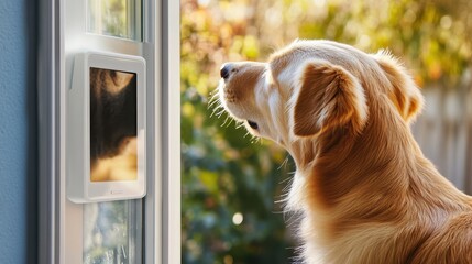 A smart pet door with motion detection, backyard with pet using door, Pet-tech style