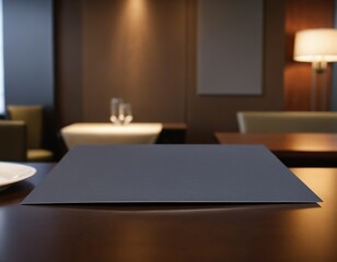 Elegant setting featuring a blank menu on a polished table in a modern restaurant environment.