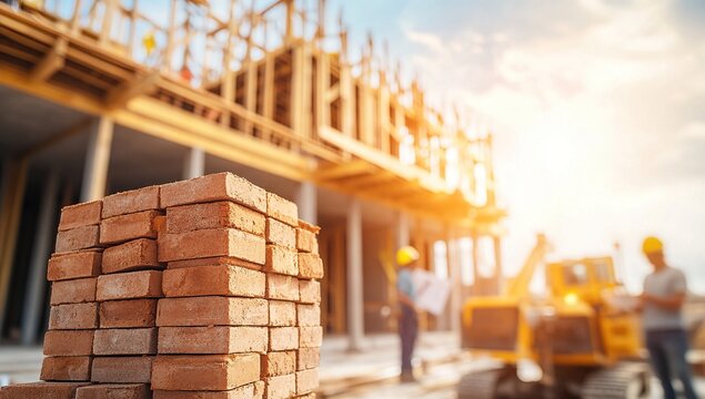 Construction Site: Bricklaying, Building Structures with Concrete and Wood,  Heavy Machinery in Action, Sunny Day