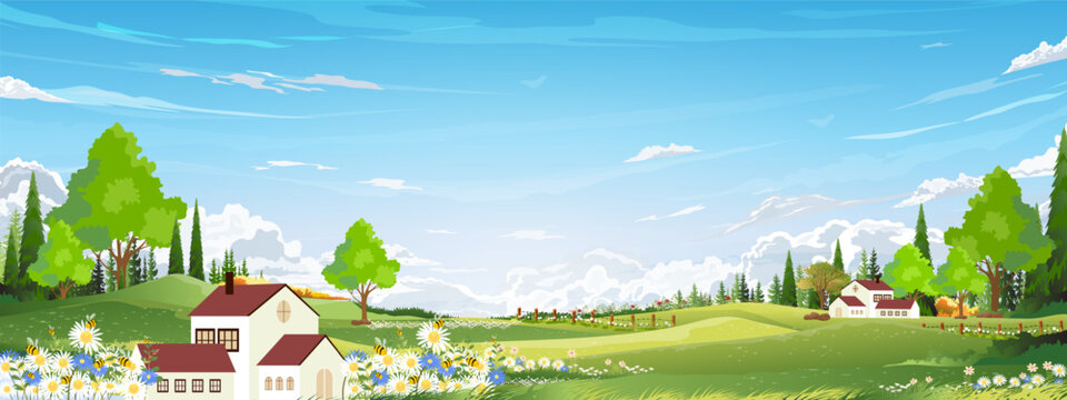 ky blue, cloud for Spring background,Nature landscape in village with meadow, rural road on hill, cloudy in sunny,Vector cartoon Summer landscape countryside with mountains, wild flowers field