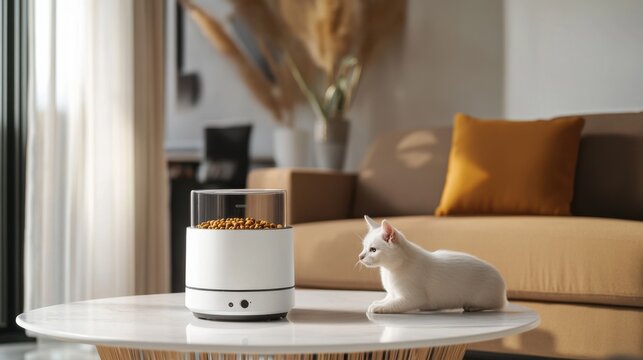 A smart pet feeder, living room with device automatically feeding pet on schedule, Pet-tech style