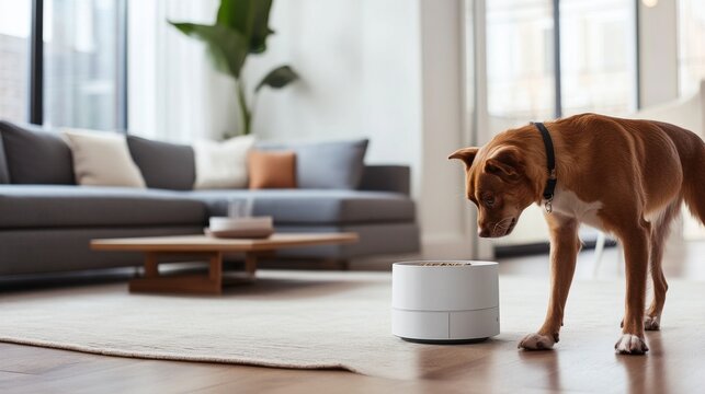 A smart pet feeder, living room with pet using automated feeder to get meals on schedule, Pet-tech style