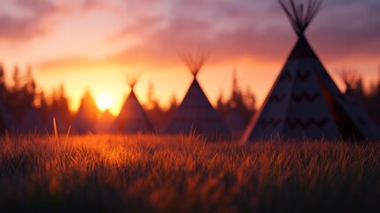 Sunset over tipis in a grassy meadow
